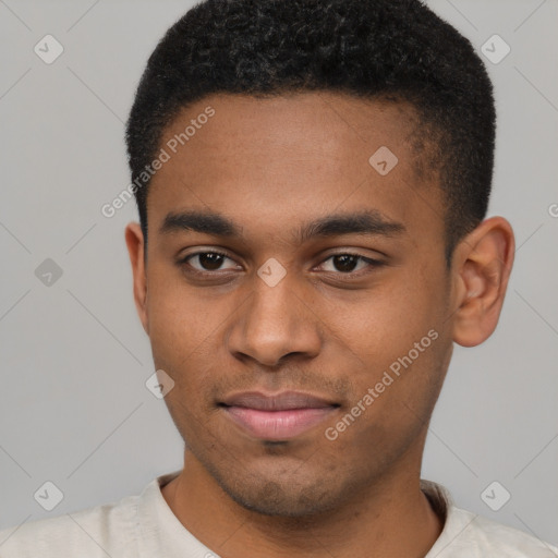 Joyful latino young-adult male with short  brown hair and brown eyes