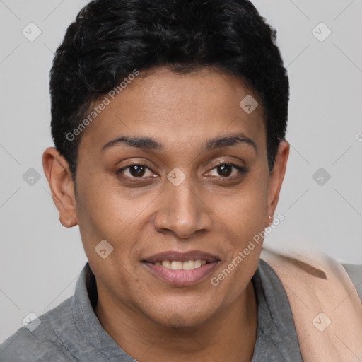 Joyful latino young-adult female with short  brown hair and brown eyes