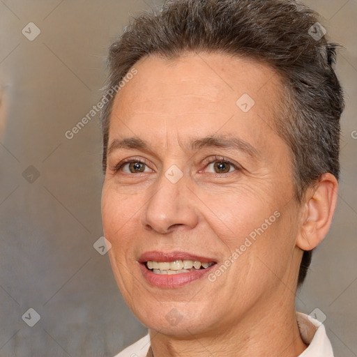 Joyful white adult female with short  brown hair and brown eyes