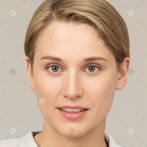 Joyful white young-adult female with short  brown hair and brown eyes