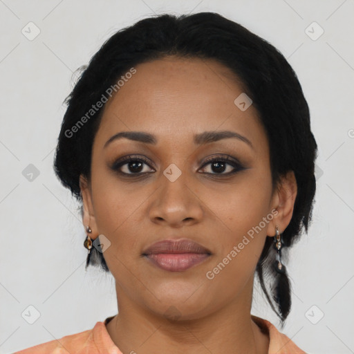 Joyful latino young-adult female with medium  black hair and brown eyes