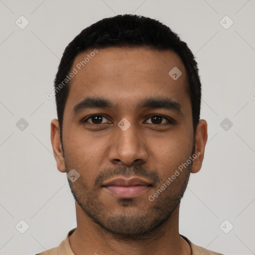 Neutral latino young-adult male with short  black hair and brown eyes