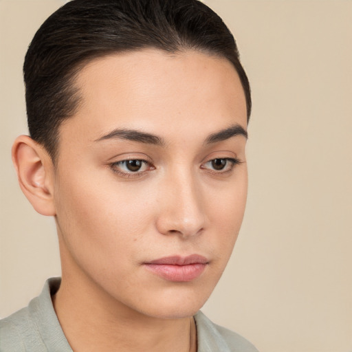 Neutral white young-adult female with short  brown hair and brown eyes