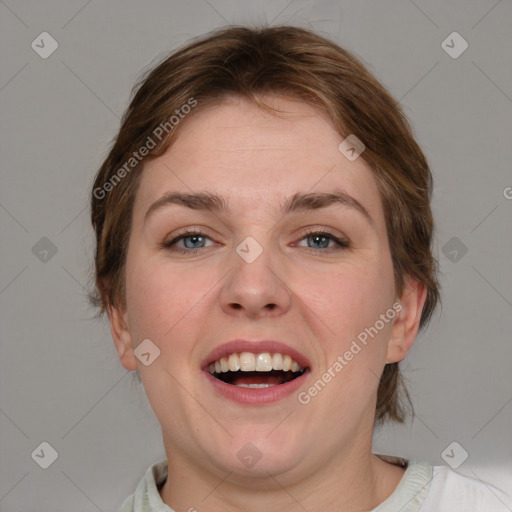 Joyful white young-adult female with medium  brown hair and blue eyes