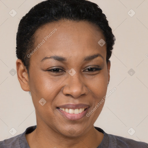 Joyful latino young-adult female with short  black hair and brown eyes