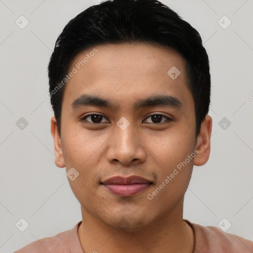 Joyful asian young-adult male with short  black hair and brown eyes