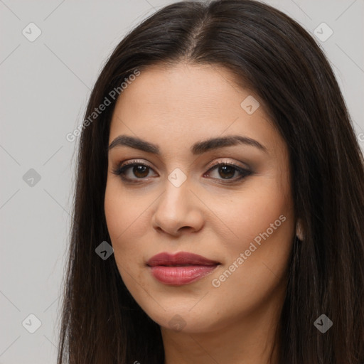 Joyful latino young-adult female with long  brown hair and brown eyes