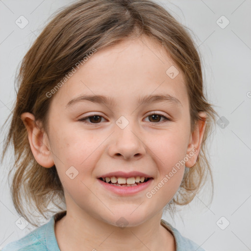 Joyful white child female with medium  brown hair and brown eyes