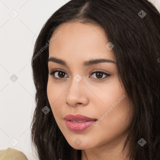 Neutral white young-adult female with long  black hair and brown eyes