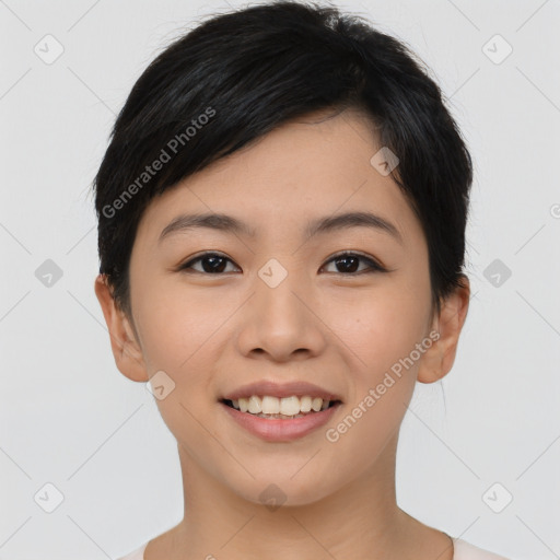 Joyful asian young-adult female with short  brown hair and brown eyes