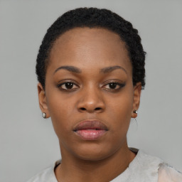 Neutral black young-adult female with short  black hair and brown eyes