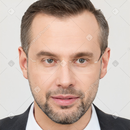 Neutral white adult male with short  brown hair and brown eyes