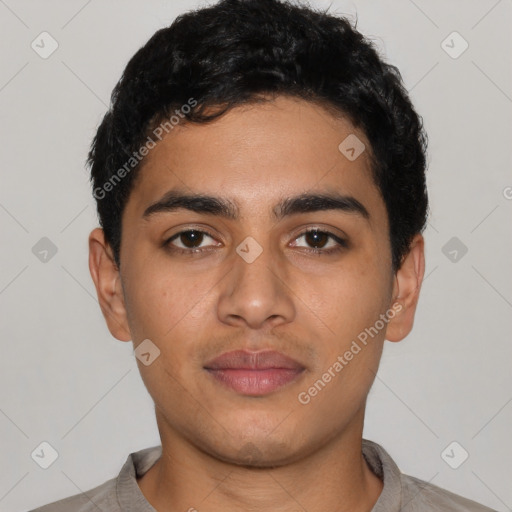 Neutral latino young-adult male with short  black hair and brown eyes