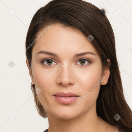 Neutral white young-adult female with long  brown hair and brown eyes