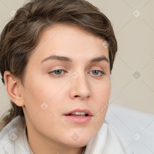 Neutral white young-adult female with short  brown hair and brown eyes