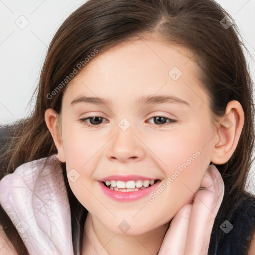 Joyful white child female with long  brown hair and brown eyes