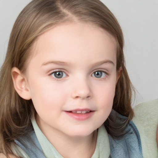 Neutral white child female with medium  brown hair and blue eyes