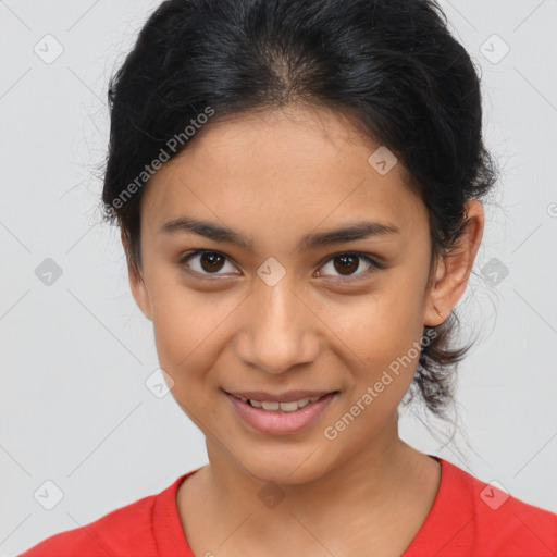 Joyful latino young-adult female with medium  brown hair and brown eyes