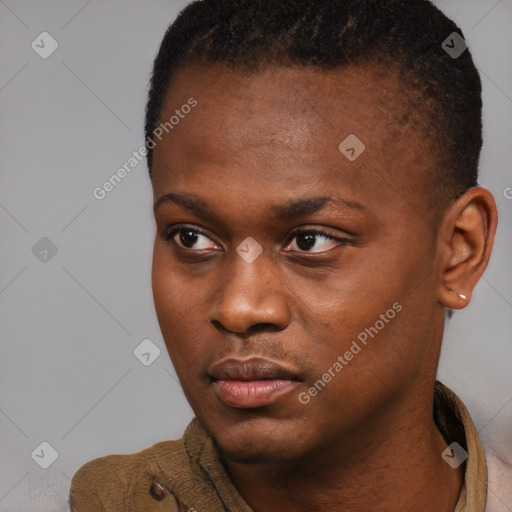 Neutral black young-adult male with short  brown hair and brown eyes