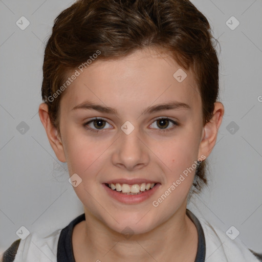 Joyful white child female with medium  brown hair and brown eyes