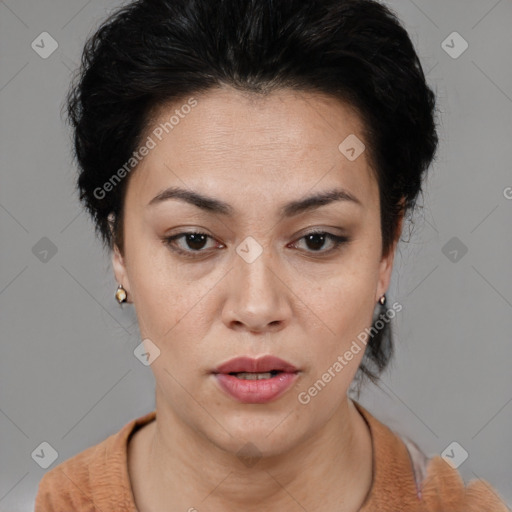 Neutral asian young-adult female with short  brown hair and brown eyes