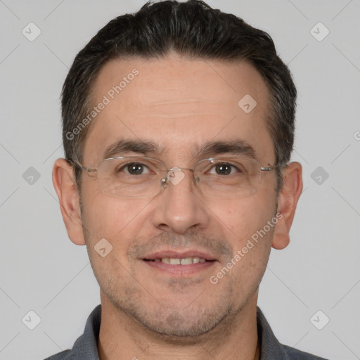 Joyful white adult male with short  brown hair and brown eyes