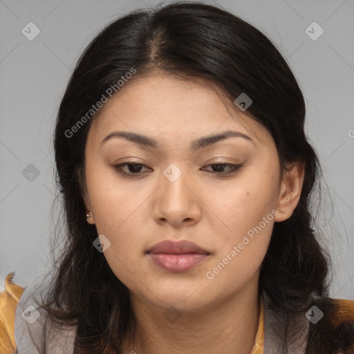 Neutral asian young-adult female with long  brown hair and brown eyes