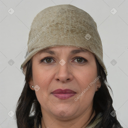 Joyful white adult female with medium  brown hair and grey eyes