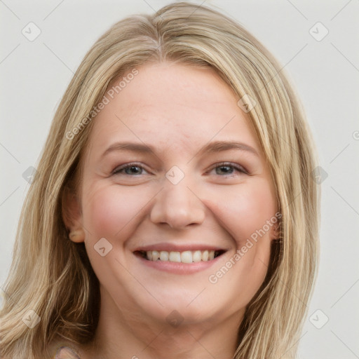 Joyful white young-adult female with long  brown hair and grey eyes