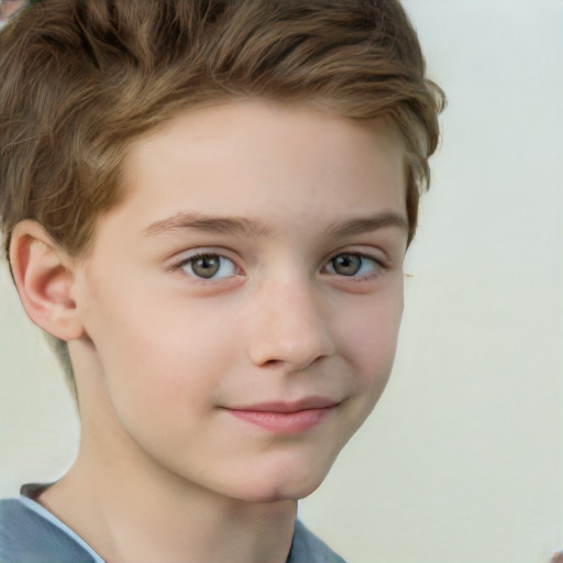 Joyful white child male with short  brown hair and grey eyes