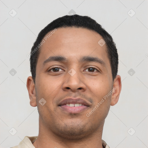 Neutral latino young-adult male with short  black hair and brown eyes