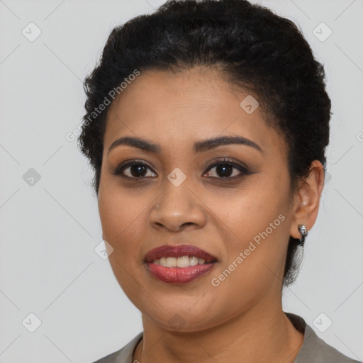 Joyful latino young-adult female with short  brown hair and brown eyes