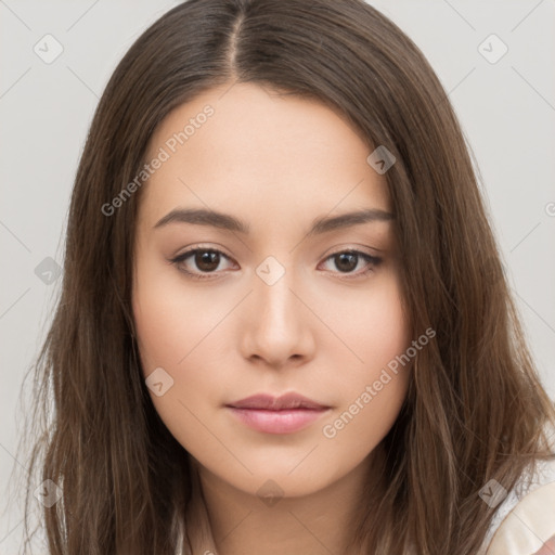 Neutral white young-adult female with long  brown hair and brown eyes