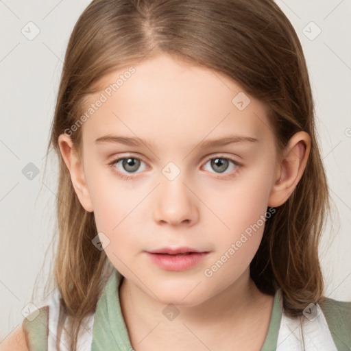 Neutral white child female with medium  brown hair and grey eyes