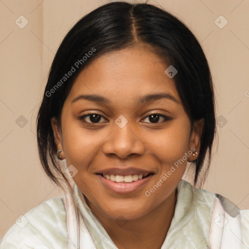 Joyful latino young-adult female with medium  brown hair and brown eyes