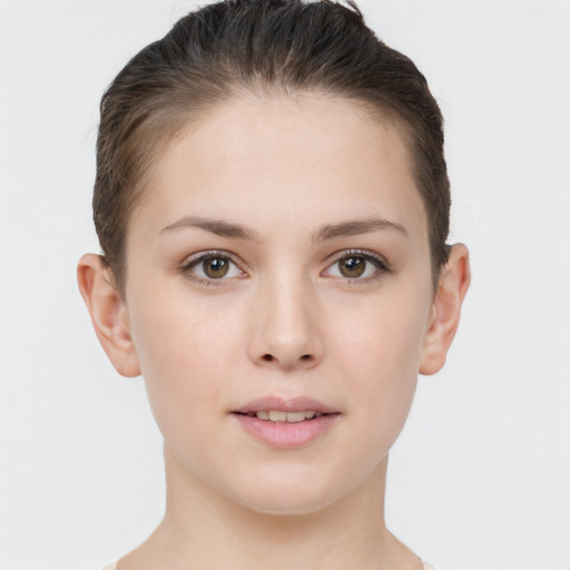 Neutral white young-adult female with short  brown hair and brown eyes