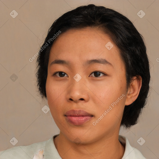 Neutral asian young-adult female with medium  brown hair and brown eyes