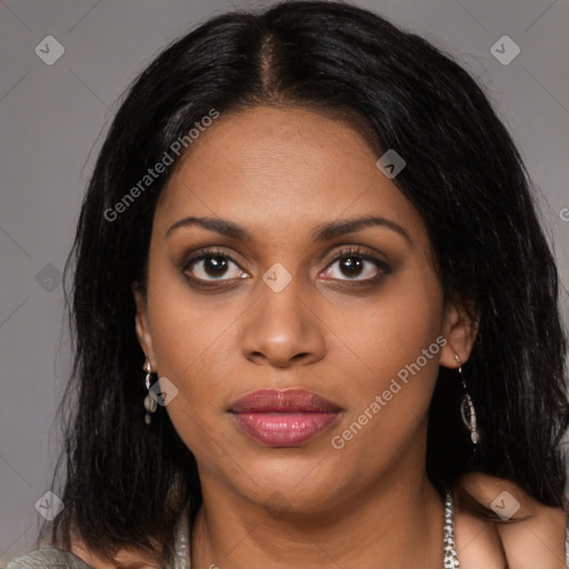 Joyful black young-adult female with medium  brown hair and brown eyes