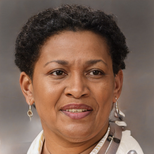 Joyful black adult female with short  brown hair and brown eyes