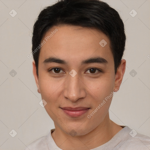 Joyful asian young-adult male with short  brown hair and brown eyes