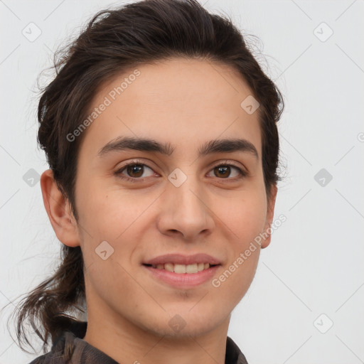 Joyful white young-adult male with medium  brown hair and brown eyes