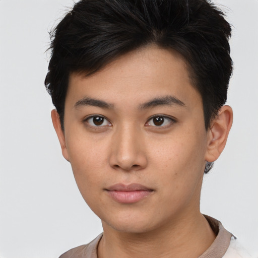 Neutral asian young-adult male with short  brown hair and brown eyes