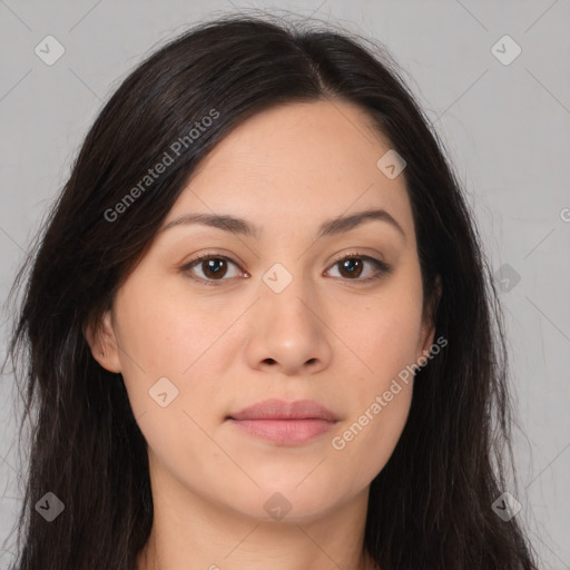 Neutral asian young-adult female with long  brown hair and brown eyes