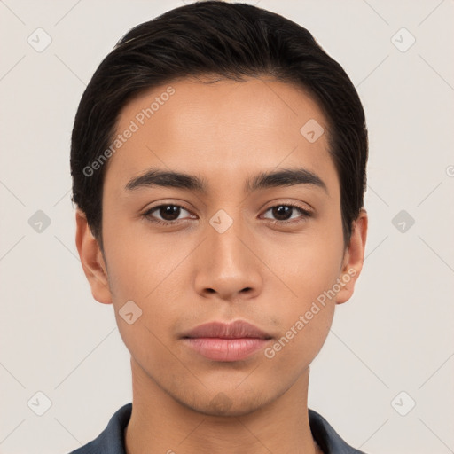 Neutral latino young-adult male with short  brown hair and brown eyes