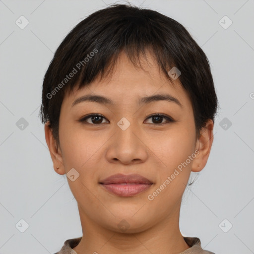 Joyful asian young-adult female with short  brown hair and brown eyes