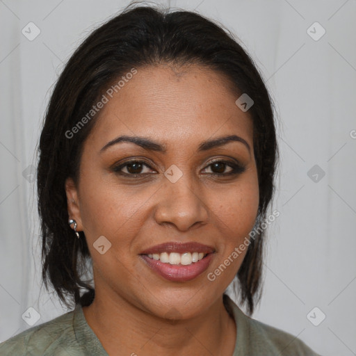 Joyful black young-adult female with medium  brown hair and brown eyes