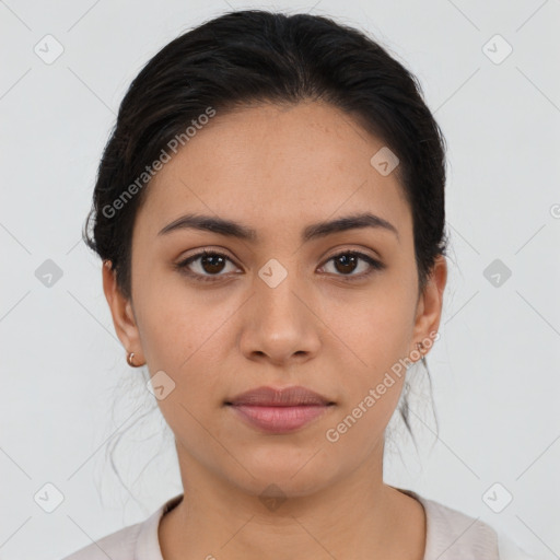 Neutral latino young-adult female with short  black hair and brown eyes