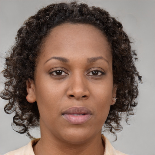 Neutral black young-adult female with medium  brown hair and brown eyes