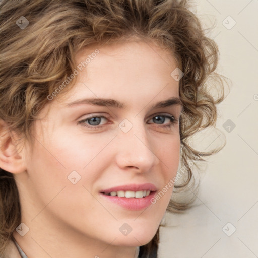 Joyful white young-adult female with medium  brown hair and green eyes