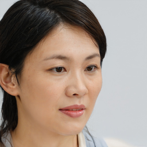 Neutral white young-adult female with medium  brown hair and brown eyes